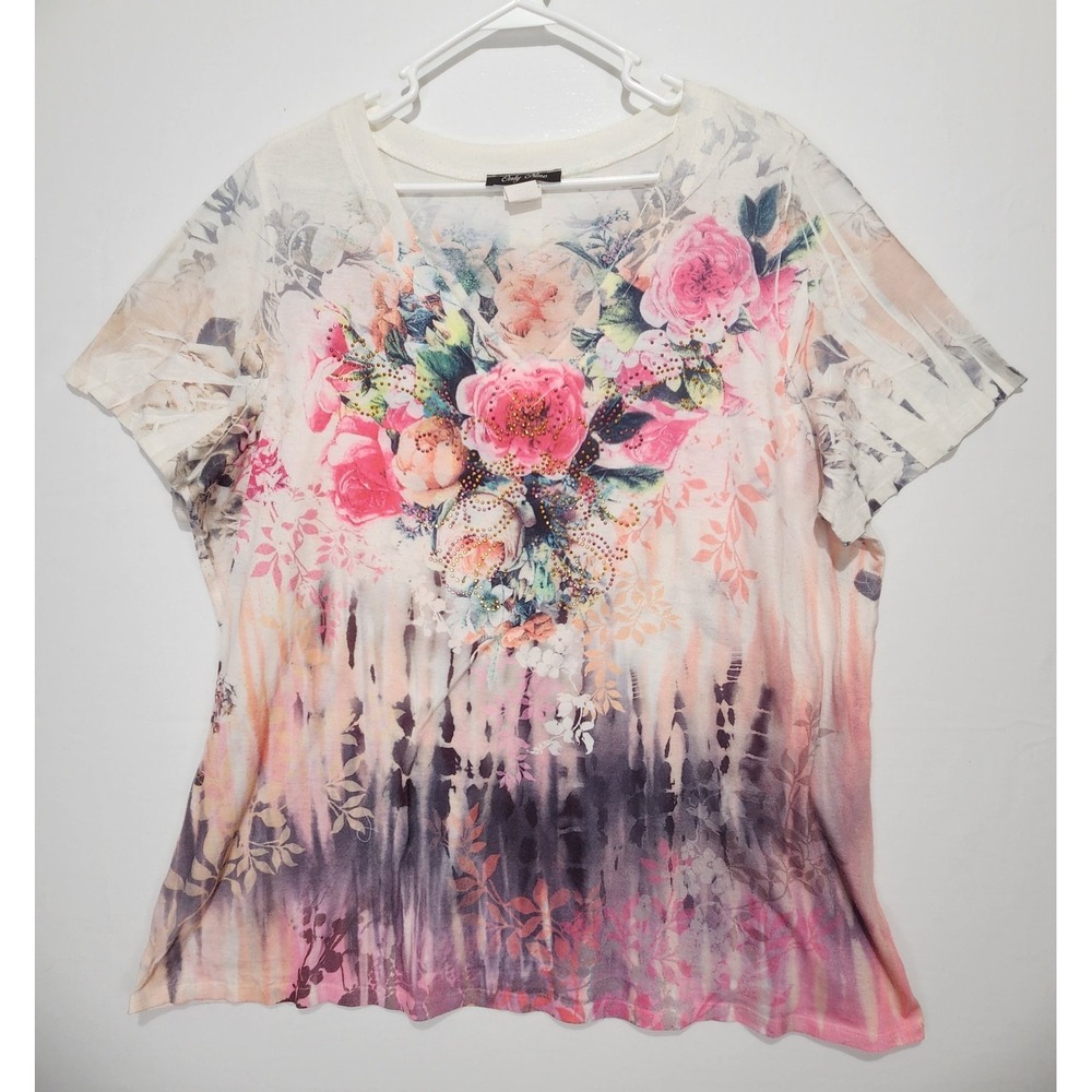 Only Nine Women's Colorful Floral Dressy Rhinestone Top Size‎ 3X